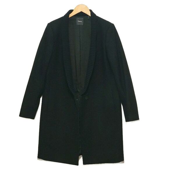Theory Wool Cashmere Shawl Collar Single Breasted Mid Length Black Coat Size L - Picture 9 of 16